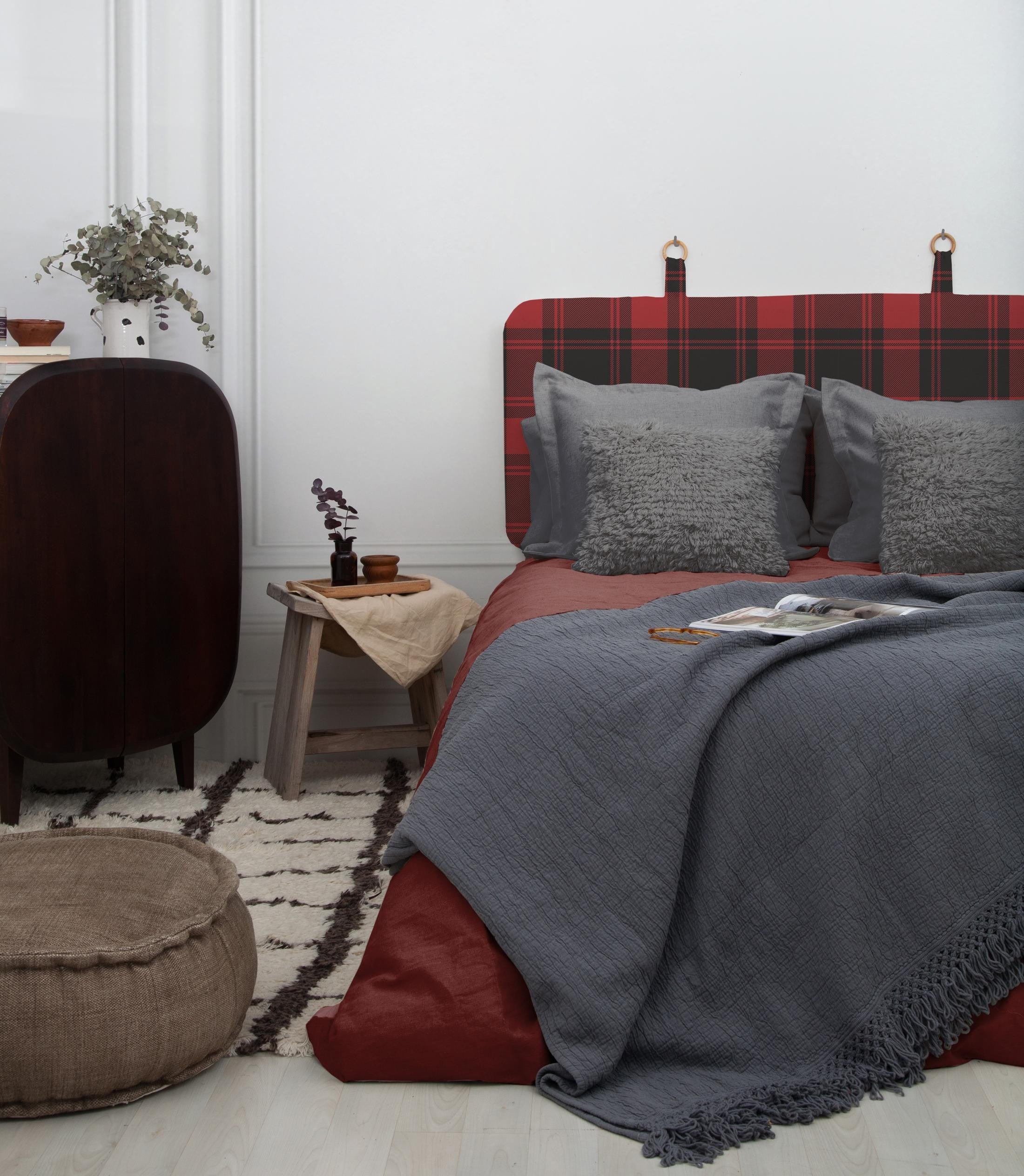 Velvet Fabric Headboard (Red Tartan)