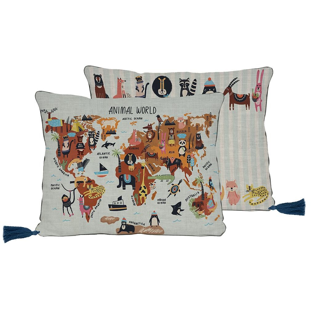 Cojin 50x35 Lino Borlas (Animals Worldmap)