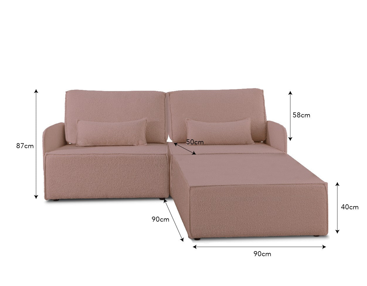 Sofa Modular Lea 2 plazas Chaiselongue sotf Pink