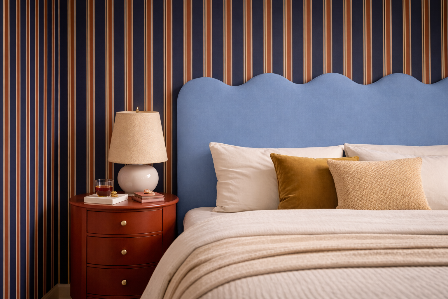 Cabecero Wavy Tapizado Terciopelo Cama 150cm Placid  Blue